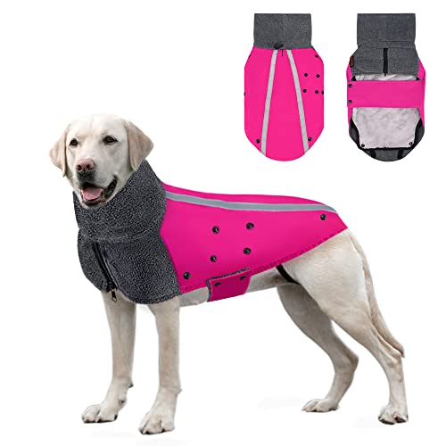 Slowton Dog Jacket For Large Medium Small Dogs, Warm Fleece Dog Winter Coat With Turtleneck Scarf, Rain Proof Windproof Reflective Puppy Outdoor Vest Snow Cold Weather Coat (Double Lining Fushia,L) #TOP27