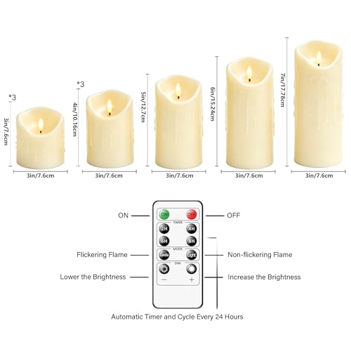 Image of Nimiko Flameless Candles with Remote, Battery Operated Flickering Flameless Candles, LED Candles with Timer 2 /4 /6 /8H, Realistic Drop Wax flameless Candle Set of 9 (D3 x H 3 inch 4 inch 5 inch 6 inch 7 inch) (Ivory)