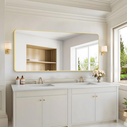 Image of 30 inchx60 inch Gold Bathroom Mirror, Large Rectangle Wall Mounted Mirror with Rounded Corner, Aluminum Metal Frame Vanity Mirror for Bathroom Bedroom Living Room
