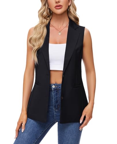 MINTLIMIT Sleeveless Vest Blazer for Women Casual Open Front Cardigan Vest Office Lapel Button Long Blazers with Pockets