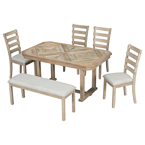 Dining-Table-Set-for-6-Rectangular-Dining-Table-with-Upholstered-Chairs-and-Bench-6-Piece-Table-Set-for-Dining-Room-and-Kitchen-Retro-Dining-Room-Table-Set-with-Bench-4-Chairs-Natural-Wood-Wash Dining Table Set for 6 Rectangular Dining Table with Upholstered Chairs and Bench 6 Piece Table Set for Dining Room and Kitchen Retro Dining Room Table Set with Bench 4 Chairs Natural Wood Wash