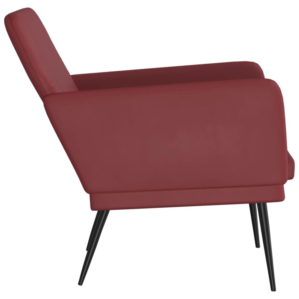 Sillón Cuero Sintético Rojo Tinto 61x78x80 cm | Respaldo Inclinado, Estructura Metal, Asiento Acolchado Grueso, Incluye Taburete