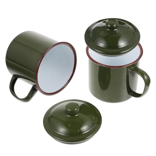 Didiseaon Juego de 2 Tazas de Té Esmaltadas Verde Retro con Tapa y Asa Ergonómica, Resistentes al Calor para Beber Hogar