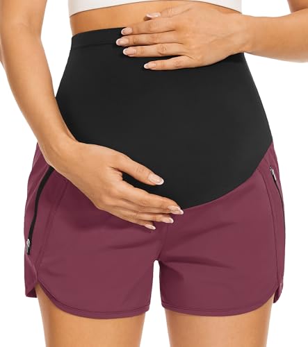 Image of PACBREEZE Women's Maternity Shorts Over Belly Quick Dry Workout Athletic Running Shorts with Zipper Pockets