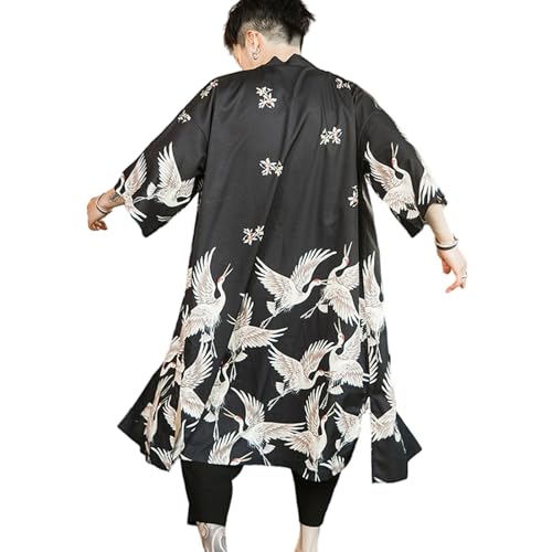 Men's Loose 3/4 Wide Sleeve Kimono Drop Shoulder Longline Yukata Robe Gown Tops Shirt Haori Coat Retro