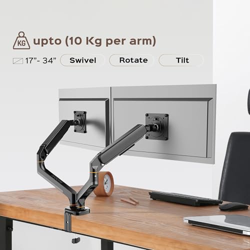 Image of iVOOMi Power X2 Black Dual Monitor Stand for Desk with 100 x 100mm VESA Mount, Adjustable Gas Spring Monitor arm with Grommet Mounting Base for 15-34'' 2-20 kgs Screens, 1 Year Warranty