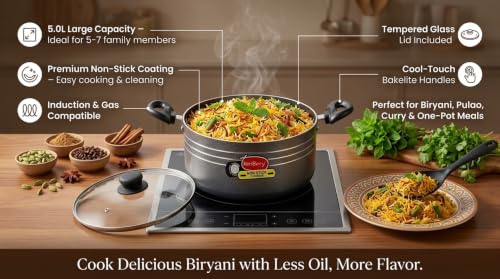 Image of KenBerry Signature Granite Finish Non Stick Casserole Biryani Pot | Stew Pot | 24 cm Diameter 5 L Capacity with Glass Lid (Aluminium, Induction Base, Nonstick)