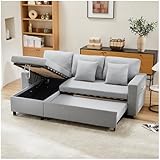 Racxily Sofá cama con bolsillos laterales y cojines, sofá cama de 3 plazas con espacio de almacenamiento, chaise longue intercambiable a derecha e izquierda, sofá esquinero en L, lino, gris claro