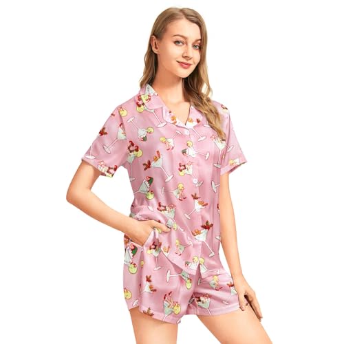 Image of Funny Pajamas for Women Set Print Satin Loungewear Pjs Short Sleeve Button Down Top and Shorts Sets Sleepwear XS-3XL