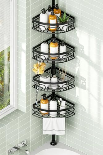 KEGII Telescopic Shower Caddy Corner - Black Shower Shelf with Towel Bar
