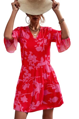Sumthli Women s Casual Summer Dresses Fashion Short Flounce Sleeves V-Neck with Tie T Shirt Dresses Loose Chiffon Beach Dress Red