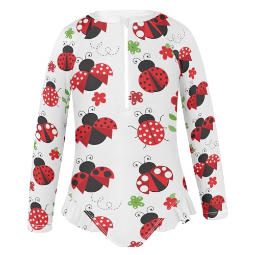 Image of Cartoon Animal Colorful Ladybug Baby Girl Bathing Suit Long Sleeve UPF 50+ One Piece Toddler Swimsuit Size 4t