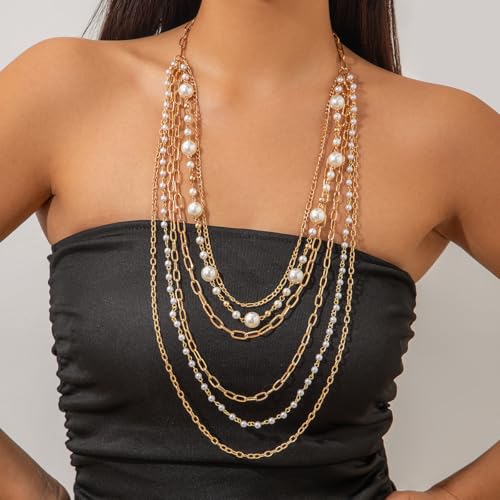 ALEXTINA Long Pearl Necklaces for Women Multiple Layered Necklace Vintage Gold Chain Pearl Strand Necklace for Party 1920s Gatsby Costume Jewelry3