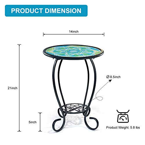HONGLAND Mosaic Outdoor Side Table, 14\" Round Patio Side Table, Mosaic Plant Stand, End Table W/Storage Shelf, Small Bistro Coffee Table for Garden Patio Porch Living Room(Green)