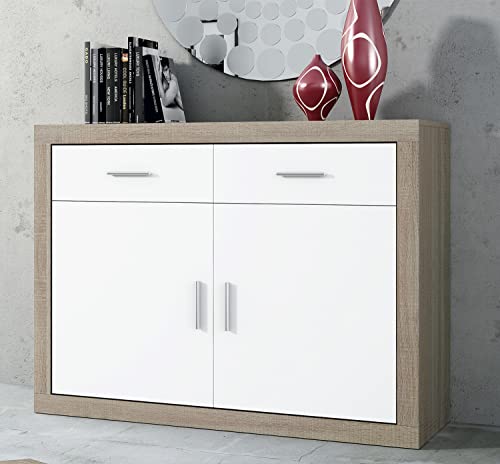 PEGANE Buffet, Meuble de Rangement Coloris chêne Cambrian, Blanc - Longueur 120 x Profondeur 41,4 x Hauteur 90,2 cm