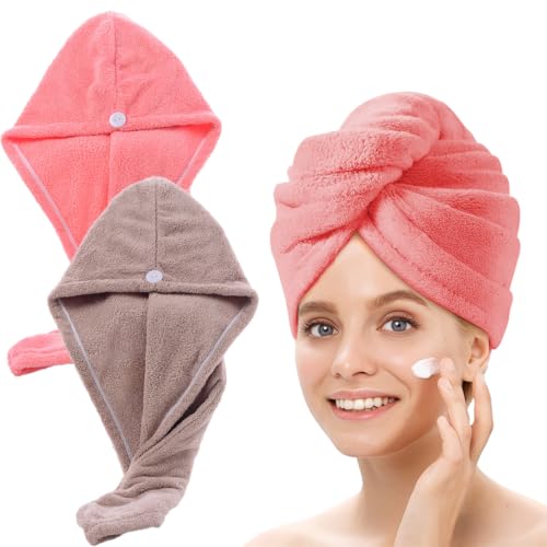 2pcs Gorro de Pelo Seco para Mujeres, Toalla Turbante para Cabello Rizado,Toalla Pelo Microfibra Anti frizz,Súper Absorbentes de Secado Rápido,Rosa Claro + Café Claro