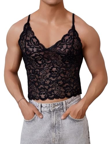 ABAFIP Men’s Sissy Lace Cami Top Floral Sheer Camisole Ruffle V-Neck Sleeveless Shirt See Through Undershirt3