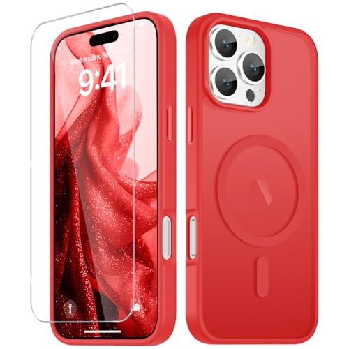Image of YENAPOON for iPhone 16 Pro Max Case, Matte Magnetic Phone Cover [with 1 Screen Protector] [Support for MagSafe] [Shockproof Military Grade Protection] Translucent Frosted Back, Red