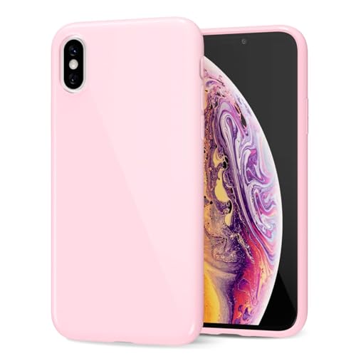 LoeoeL for iPhone X/XS iPhone 10 Phone Case Liquid Silicone, Cute Girly Thin Ultra Slim Jelly Soft Rubber Gel Protective Glossy Hard Plastic Case, Plain Solid Color Cover for Women Girl, Light Pink