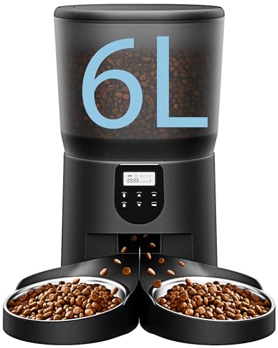 Automatic Cat Feeders for 2Cats, 6L/25cup Automatic Cat Food Dispenser with 2 Stainless Pet Bowls,10s Meal Call Timer Setting 20 Portions 6Meals Per Day, Timed Pet Feeder for Cats Dog Indoor Dry Food