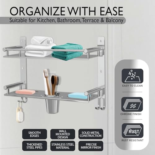 Image of Zureni Towel Holder for Bathroom Multipurpose 304 Grade Stainless Steel Shelf with Hooks Soap Dish Toothbrush Stand Wall Mount Home Washroom Kitchen Accessories (Silver, Set of 1, 1003)