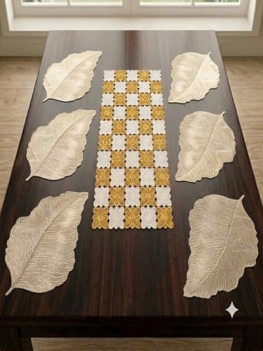 Image of Dakshya Industries PVC Waterproof Table Placemat & Table Runner Combo Set | 6 Dining Table Mats + 1 Runner | Heat Resistant, Washable, Non-Slip Table Mat Set (Premium PVC)