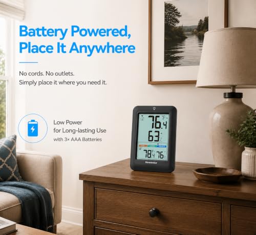 Image of Newentor Indoor Outdoor Thermometer Wireless with 24H /48H /ALL-TIME High Low | Big Number 4 inch Display, Inside Outside Temp & Humidity, Comfort Indicator, Weather Station for House Patio, Black, 2 Sensors