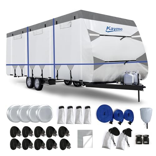 Kayme RV Cover for 20-22ft Travel Trailers, 300D Oxford Heavy Duty Waterproof Camper Cover with Zipper Door.Windproof, UV Protection, Snowproof.Includ