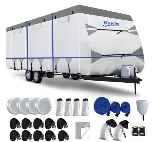 Kayme RV Cover for 20-22ft Travel Trailers 300D Oxford Heavy Duty Waterproof Camper Cover with Zipper Door.Windproof UV Protection Snowproof.Includes 4 Tire Covers Jack Cover & Wind Straps