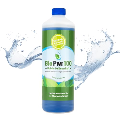 BioPWR100 Sanitärflüssigkeit für Camping Toiletten biologisch abbaubares Konzentrat für mobile WC Systeme, effektive Geruchs- und Feststoffzersetzung, made in Germany.
