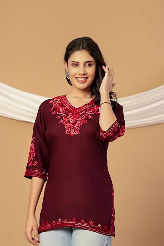 Image of Rayon Kashmiri Embroidered Short Kurti for Women | V-Neck Tunic Top with 3 /4 Sleeves | Floral Design Indo-Western Kurti for Jeans & Leggings