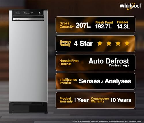 Image of Whirlpool 192 L 4 Star Vitamagic PRO Frost Free Direct-Cool Single Door Refrigerator (215 VITAMAGIC PRO ROY 4S Aura Steel-Z Fridge, Silver, Auto Defrost Technology)