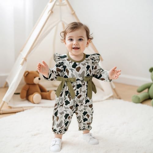 Newborn Baby Girl Hunting Outfit Duck Deer Jungle Camo Romper Bow Ruffle Long Sleeve Jumpsuit Infant Fall Clothes3