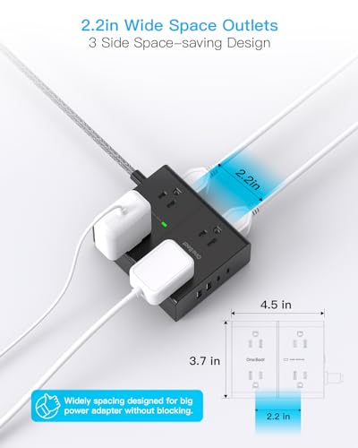 Image of 10 Ft Flat Plug Extension Cord with Multiple Outlets, One Beat Surge Protector Power Strip 10 Ft Long Cord, 8 Outlet 4 USB Ports(2 USB C), Long Extension Cord for Home Office College Dorm, Black