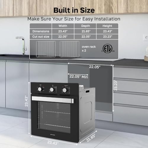 Image of ThermoMate 24 inch Electric Wall Oven, ETL Certified, 2.8 Cu. Ft. Built-in Electric Wall Oven with 5 Cooking Functions, Black, Anti-Mistouch Knob, Removable 3-Layer Glass Door, 2200W