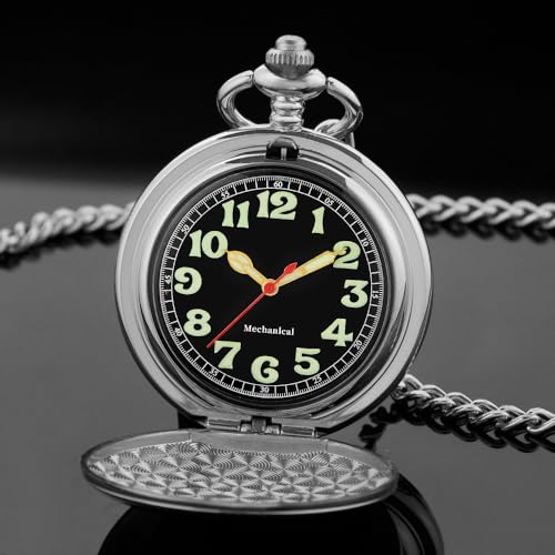 Image of Mens Pocket Watch Skeleton Mechanical Hand Winding Half Hunter Silver Black Golden Case Roman Numerals with Gift Box