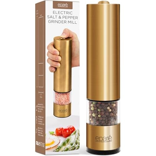 Electric Salt or Pepper Grinder - Battery Operated Ceramic Burr Peppermill Shaker - Automatic Copper Steel Grinders - Mill With LED Light by Eparé