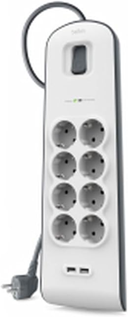Belkin Surge Plus 8-stykowa listwa zasilająca z ochroną przeciwprzepięciową (zawiera 2 porty USB z kablem 2,4 A, 2 m) biała/szara