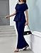 Women's 2 Piece Outfits Suit Set Short Sleeve Peplum Top Flared Pants Sets Business Pantsuits Navy XXL
