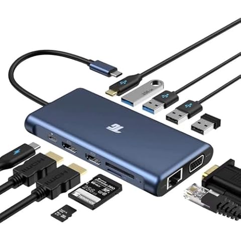 Tiergrade USB-C Hub, 12 in 1 4K Triple Display Docking Station with 2HDMI, VGA, 100W PD Charging, USB 3.0 with 5Gbps Data Transfer, Ethernet, TF/SD Slot, Compatible with Type-C Laptops Cover