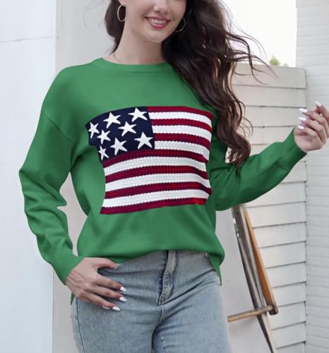 Image of Dressmine Womens American Flag Knit Sweater Crew Neck Long Sleeve Pullover