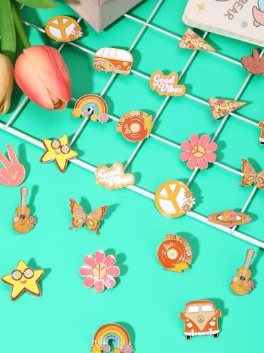 Image of JUNEBRUSHS 28pcs Hippie Enamel Brooch Pins Groovy Retro Butterfly Daisy Flower Ribbon Lapel Pins for Women Girl Clothes Bags Groovy Hippie 60s 70s Party Decorations Accessories