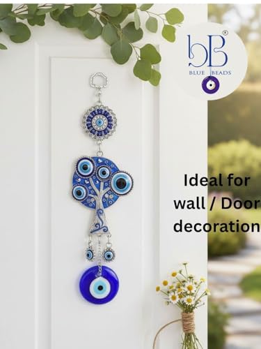 Image of BLUE BEADS Turkish Feng Shui Vastu Blue Glass Evil Eye Hanging /Door Hanging Nazar Batu for Protection and Good Luck - Perfect for Gifting Home or Office (Lucky Tree)