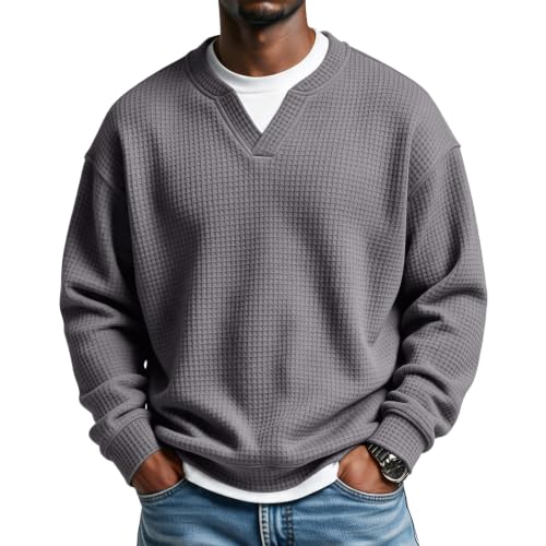 Mens Waffle Shirt Long Sleeve V Neck Fake 2 Piece Casual Layered Shirt - image 1