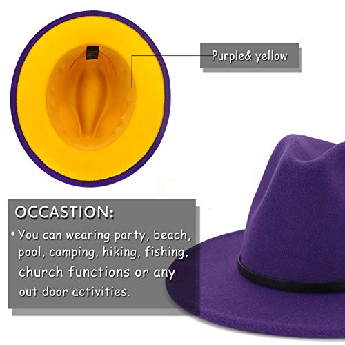 Gossifan Womens & Mens Two Tone Wide Brim Fedora Hats With Classic Belt Patchwork Felt Hats-B Belt Purple/Yellow #TOP1