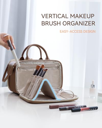 Prite Makeup Bag for Women, Large Capacity Waterproof Travel Cosmetic Organizer, Portable Open Flat Toiletry Bag with Free-standing Brush Holder and Handle(Brown Large)4