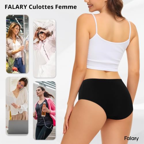 FALARY Culotte Femme Noir Coton Taille Moyenne Slip Stretch Culotte Panties sous-vêtements Femme Pack de 6 Confortables et Doux（L/42 EU, Noir） – vue 5
