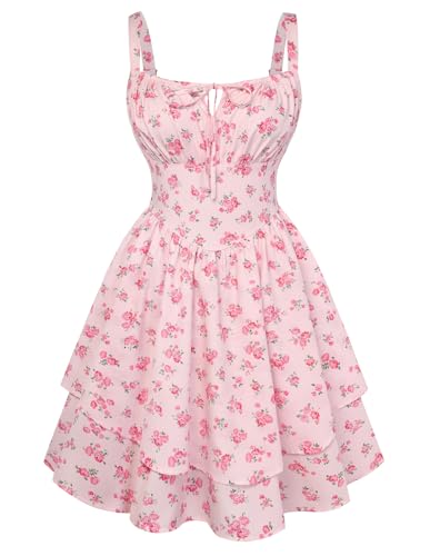 Image of Scarlet Darkness Floral Mini Corset Dress for Women Teen 2026 Summer Spring Flowy A-Line Sundress with Pockets