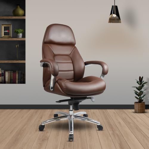 Image of Make My Chairs Boss High Back Ergonomic Leatherette Office Chair with 5 Star Strong Aluminium Base | Directors & MD Chairs | Executive Premium Chair (Brown,3 Years Warranty)