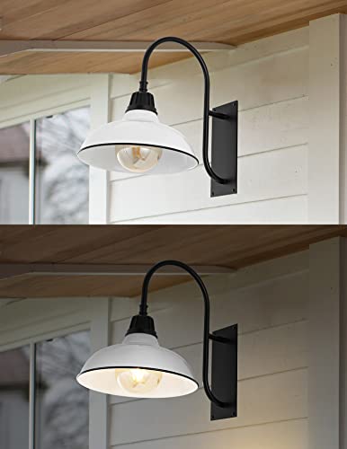 Image of JONATHAN Y 12.25 inch White /Black 1-Light Farmhouse Gooseneck Outdoor Wall Sconce Lamp, with Black Metal Bowl Shade, Industrial Iron LED Porch Light for Patio Garage Entryway JYL7614A